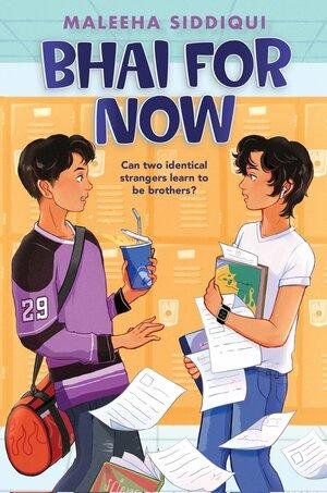 Book cover for Bhai for Now, two Pakistani boys facing each other in front of orange lockers