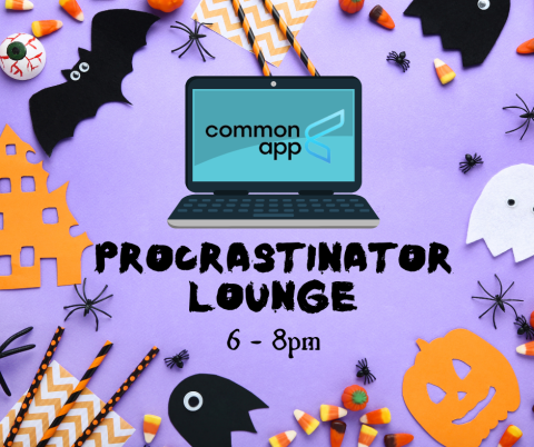 Black text reads common app procrastinator lounge 6-8pm on purple background, surrounded by bats, ghosts, pumpkins and spiders