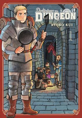 Young white man dressed in knight's armor holding frying pan and spatula on book cover for "Delicious in Dungeon"