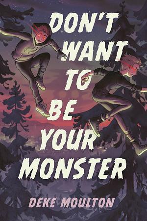 Purple/pink book cover for Don't Want to Be Your Monster with two young vampires jumping