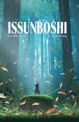 Book cover for Issunboshi, small man in front of blue forest background