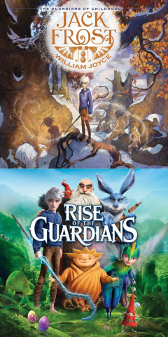 Book cover for Jack Frost: Guardians of Childhood and movie poster for Rise of the Guardians