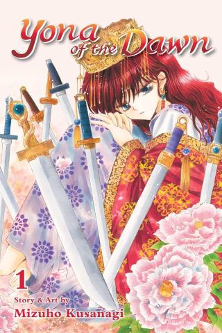 Book cover for Yona of the Dawn vol 1. Redheaded girl surrounded by swords.