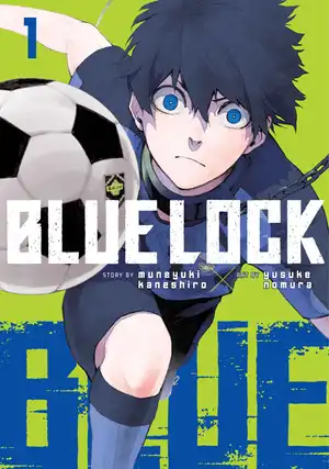 Cover image for Blue Lock Vol 1. Teen boy chasing soccer ball.