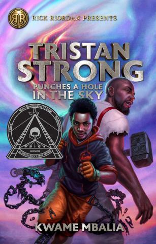 Book cover for Tristan Strong Punches a Hole in the Sky, picture of Black boy in fighting stance in front of a Black man facing away holding a hammer.