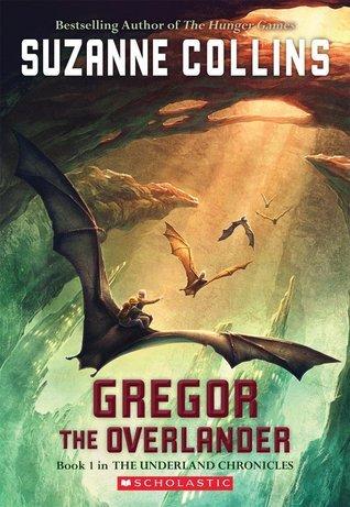 Book cover for Gregor the Overlander, giant bats flying in cave, one ridden by children