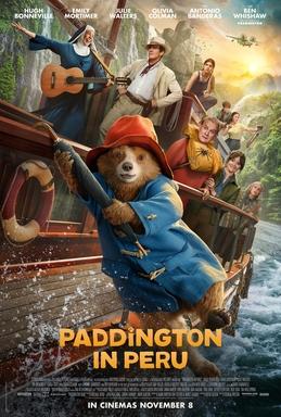 Movie poster for Paddington in Peru. A bear wearing a red hat and a blue coat is hanging off the side of a boat holding on using an umbrella