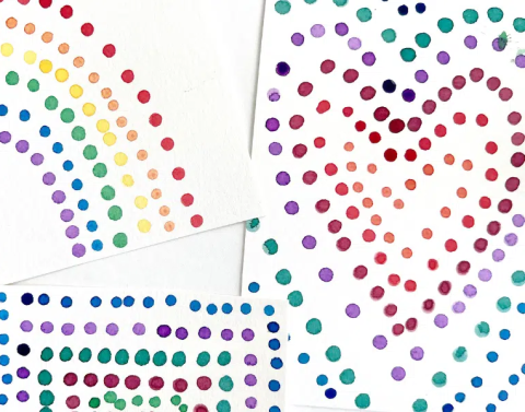 Dot art, a rainbow, a heart, and a square