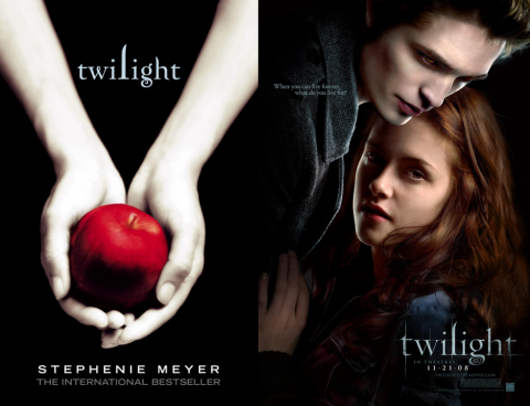 Book cover and movie poster for Twilight
