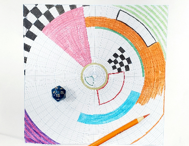 White paper with pink, orange, blue, purple and black abstract shapes. Sitting on top of paper is a 20-sided die and an orange pencil