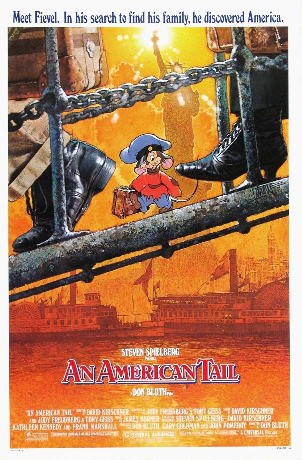 Movie poster for An American Tail. Small mouse walking gangplank between two sets of boots.