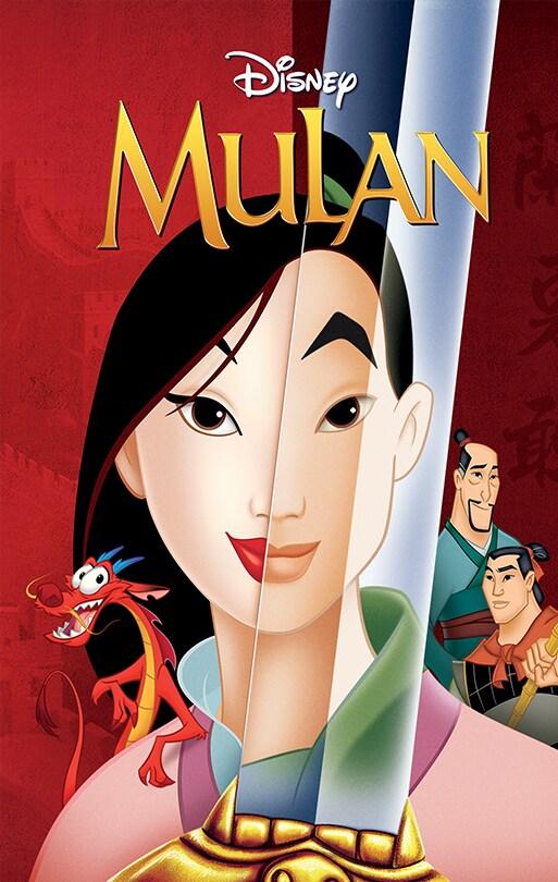 Movie poster for Mulan (1998). Shows Mulan's face split in half, half as herself and half as Ping.